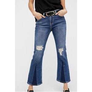 Free People Jeans Women 26 Blue Split Hem Distressed Mid Rise Cropped Flare Boho